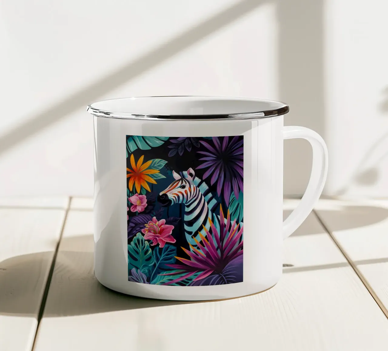 Zebra in un ambiente floreale tropicale tazza in smalto da PosterByFly