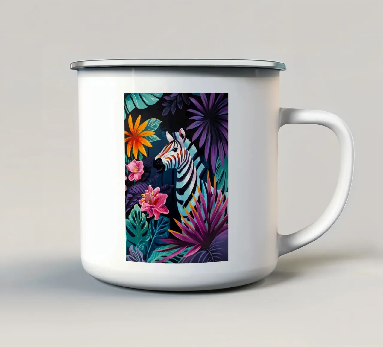 Zebra in un ambiente floreale tropicale tazza in smalto da PosterByFly