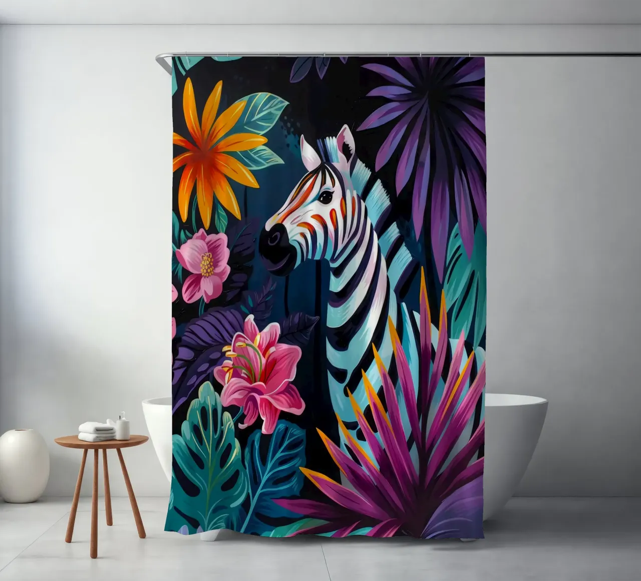 Zebra in un ambiente floreale tropicale tenda da doccia da PosterByFly