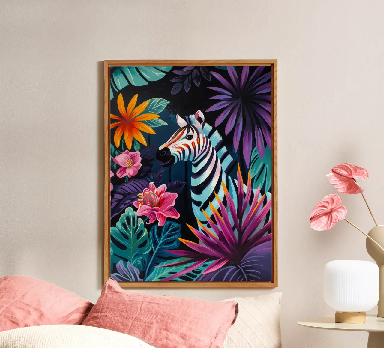 Zebra in un ambiente floreale tropicale pannello forex da PosterByFly