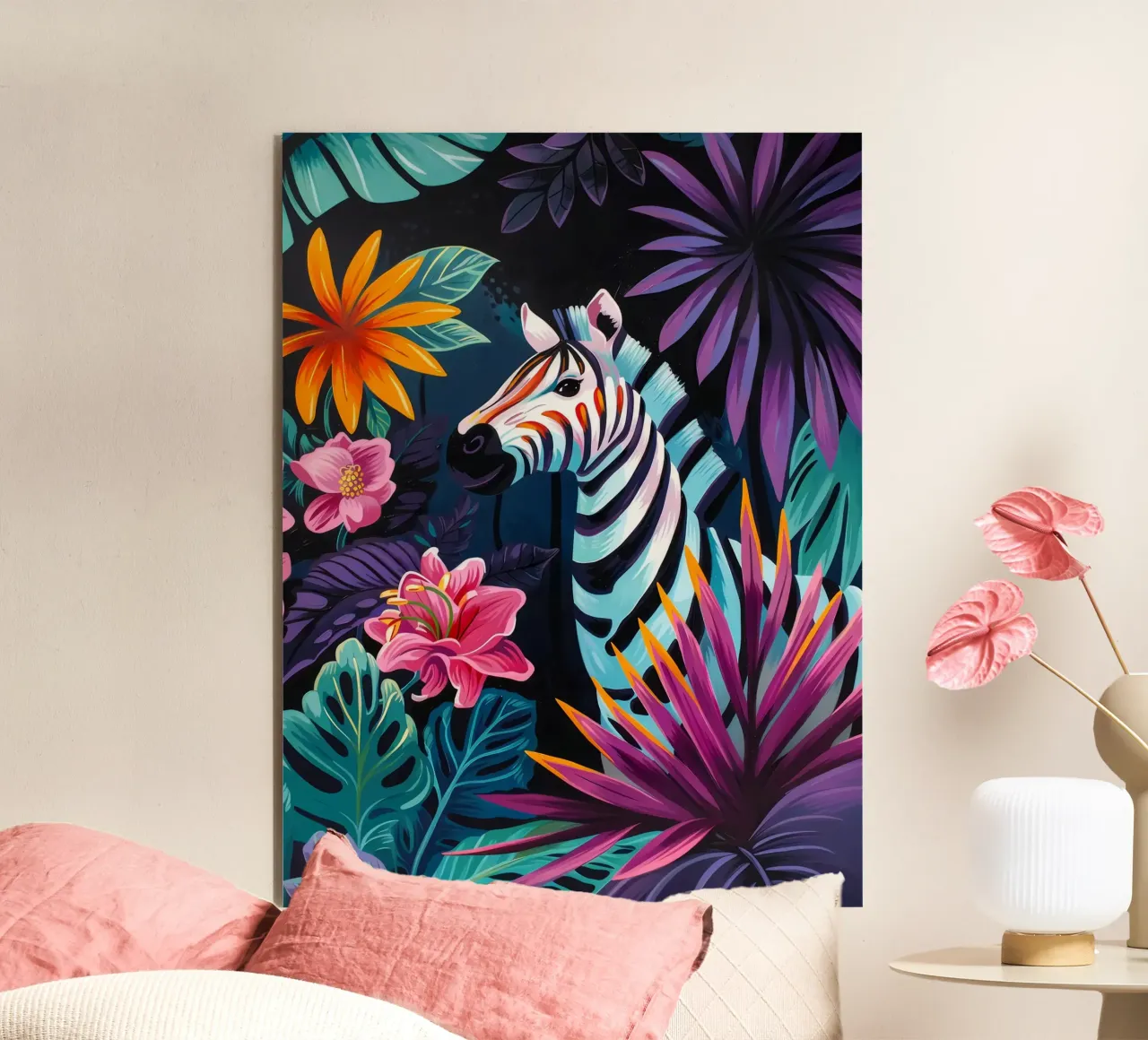 Zebra in un ambiente floreale tropicale pannello forex da PosterByFly