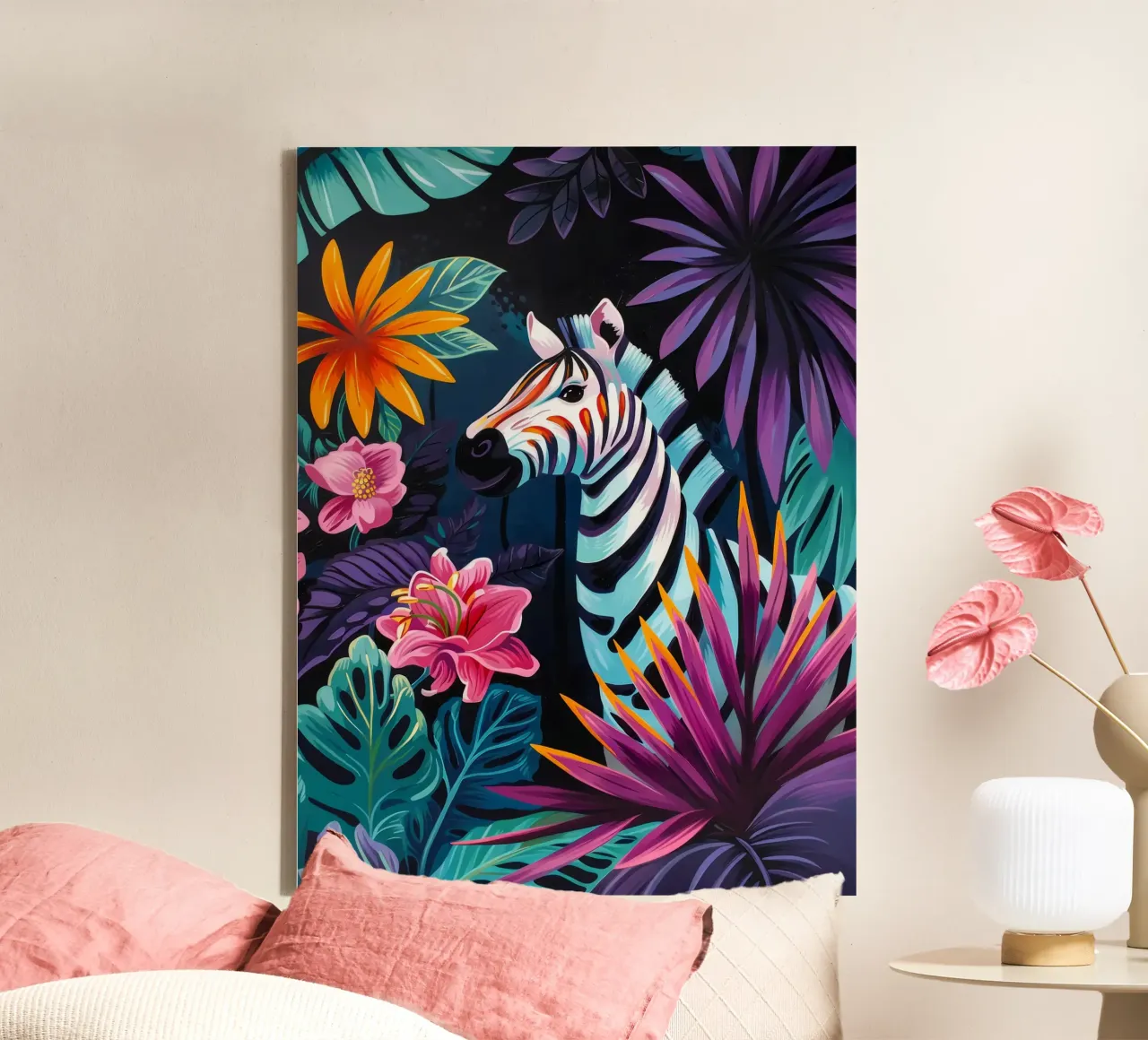 Zebra in un ambiente floreale tropicale tela da PosterByFly
