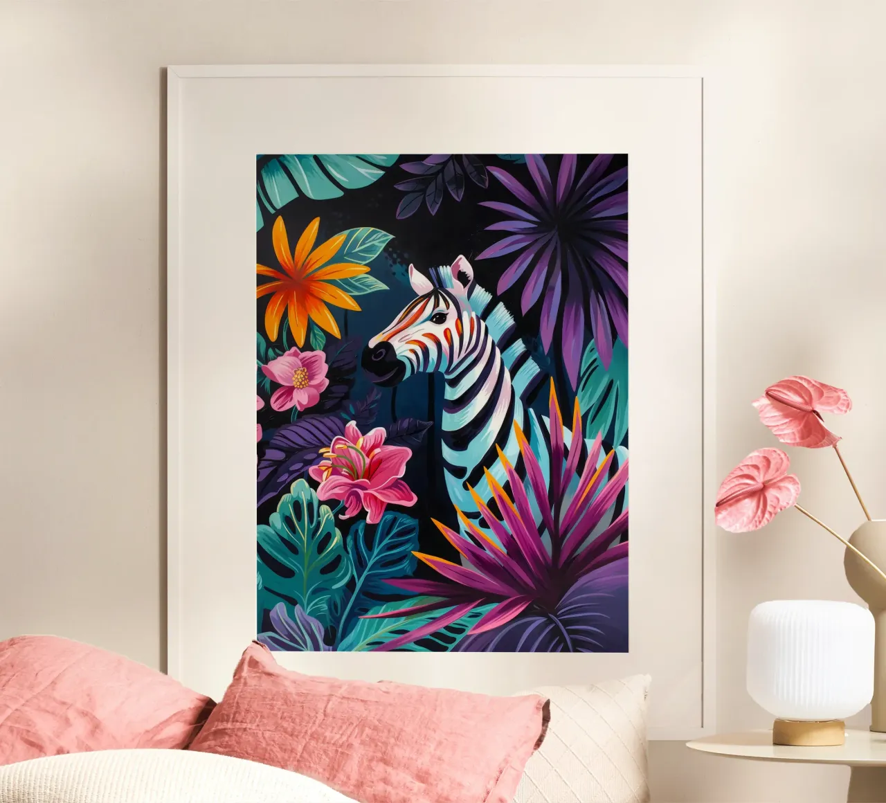 Zebra in un ambiente floreale tropicale carta hahnemühle da PosterByFly