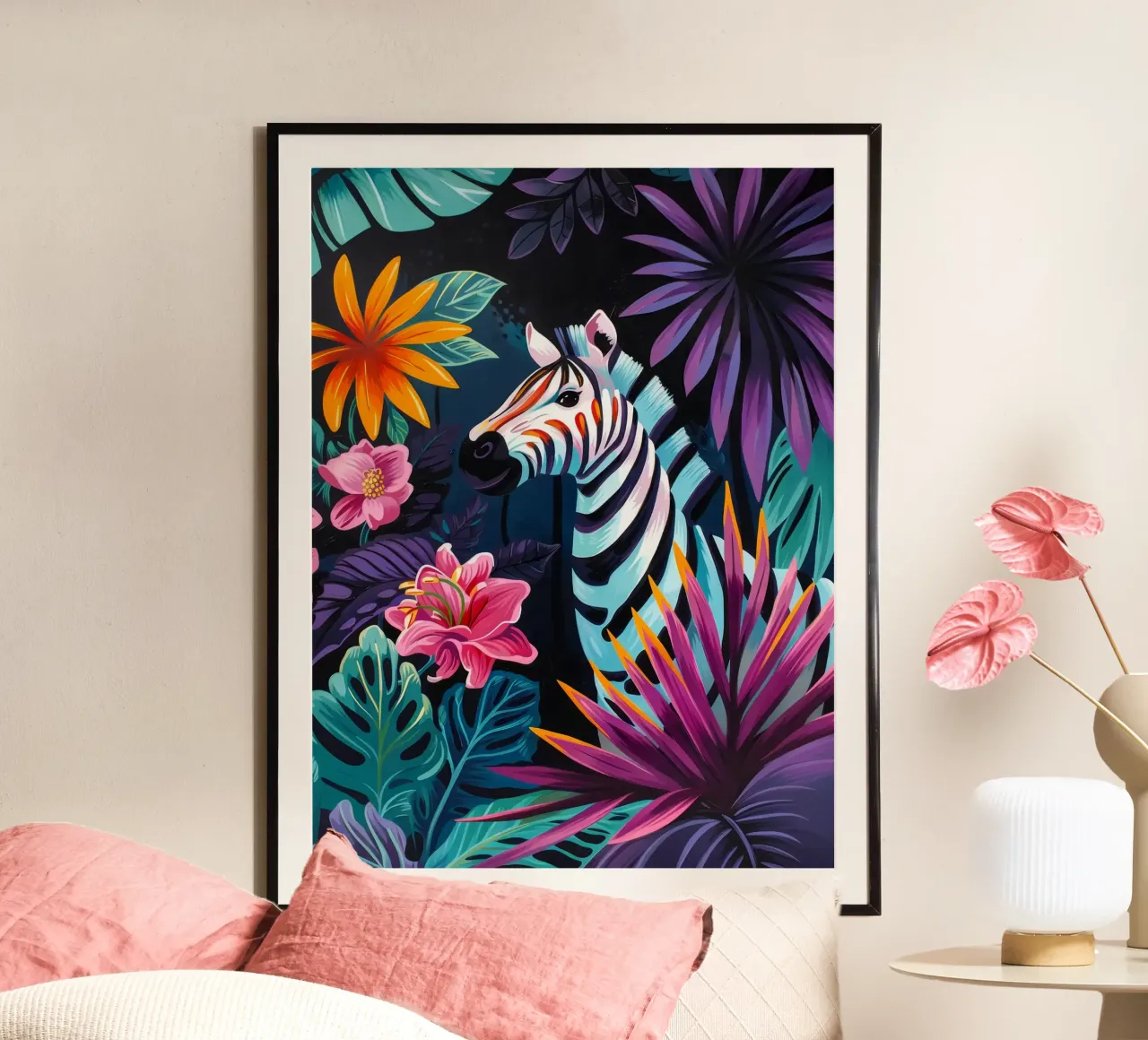 Zebra in un ambiente floreale tropicale carta hahnemühle da PosterByFly