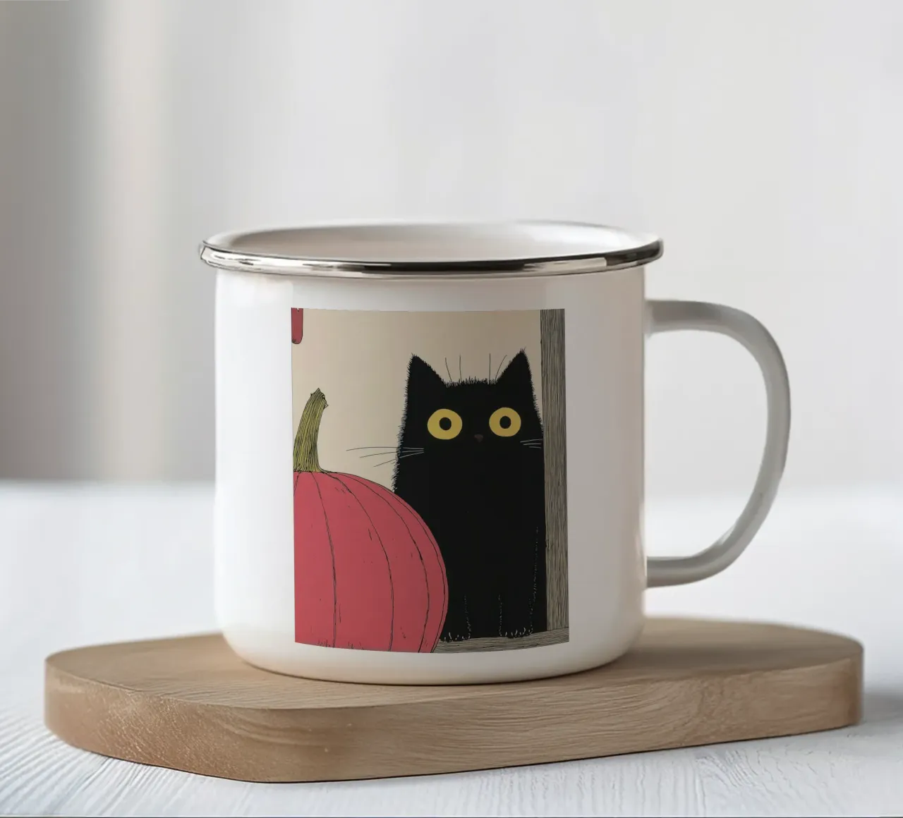 Gatto nero e zucca - Arte accogliente per Halloween tazza in smalto da Kaji