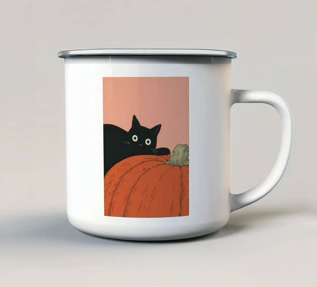 Gatto nero curioso con zucca | Arte minimale di Halloween tazza in smalto da Kaji