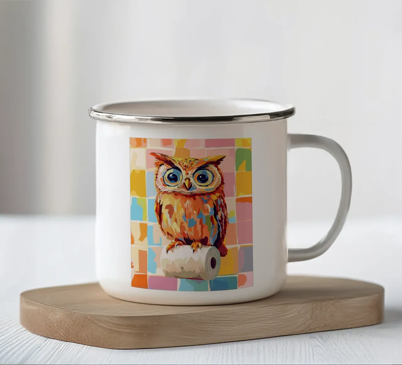 Gufo colorato appollaiato sulla carta igienica tazza in smalto da JoyWalkerShop