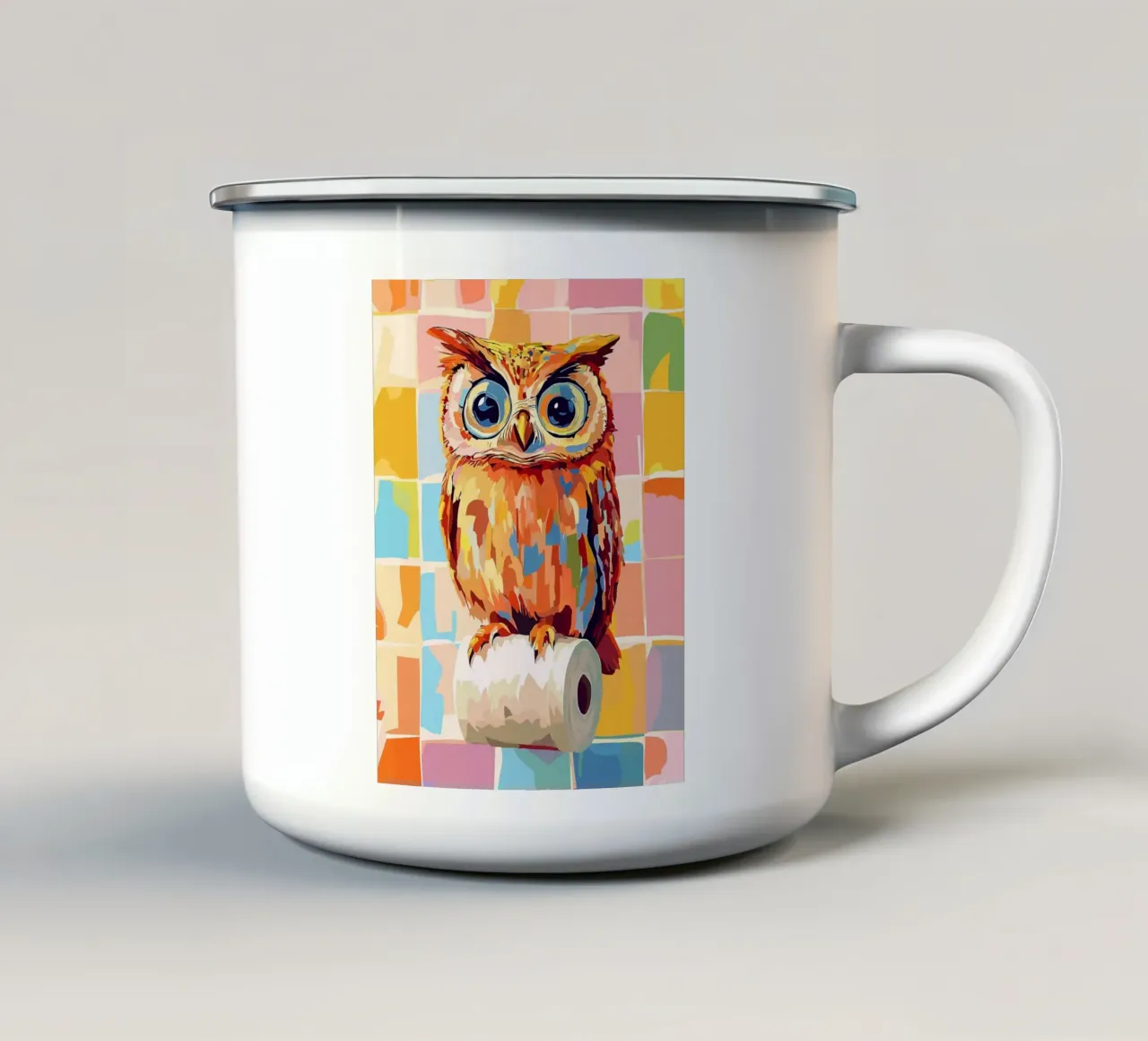 Gufo colorato appollaiato sulla carta igienica tazza in smalto da JoyWalkerShop
