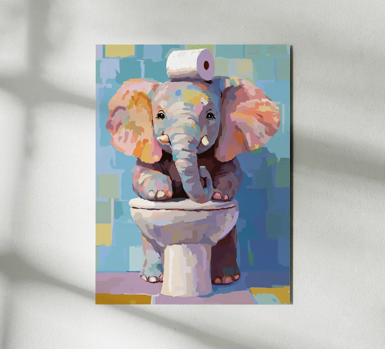 Elefante sul wc con carta igienica alluminio dibond da JoyWalkerShop