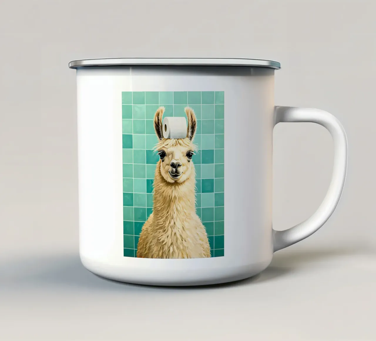 Lama con carta igienica in testa tazza in smalto da JoyWalkerShop