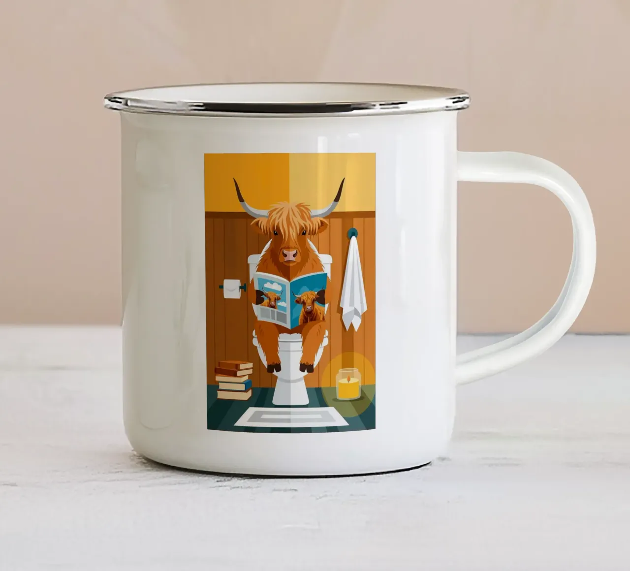 Lecture de la vache Highland mug en émail de JoyWalkerShop