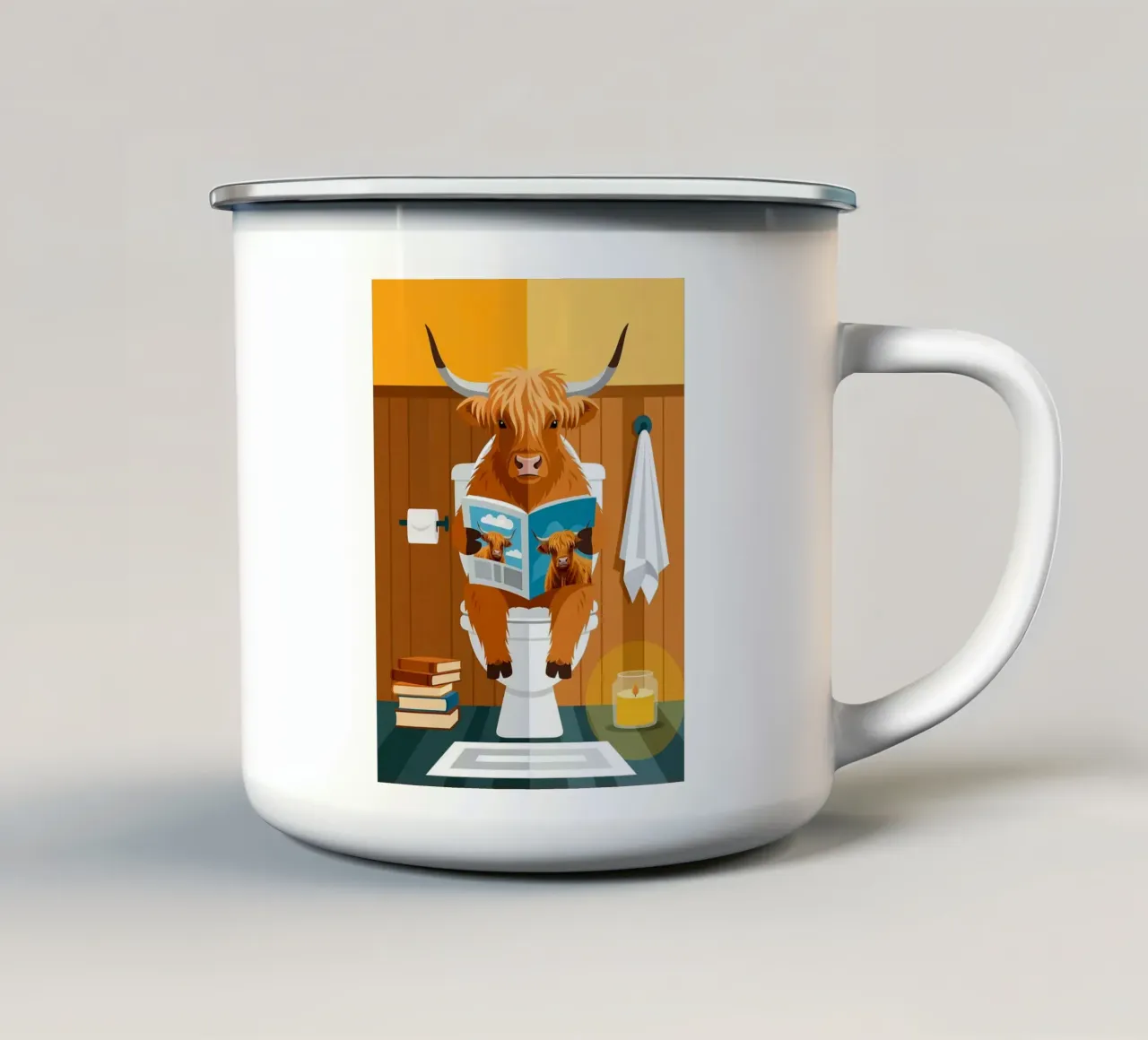 Lecture de la vache Highland mug en émail de JoyWalkerShop
