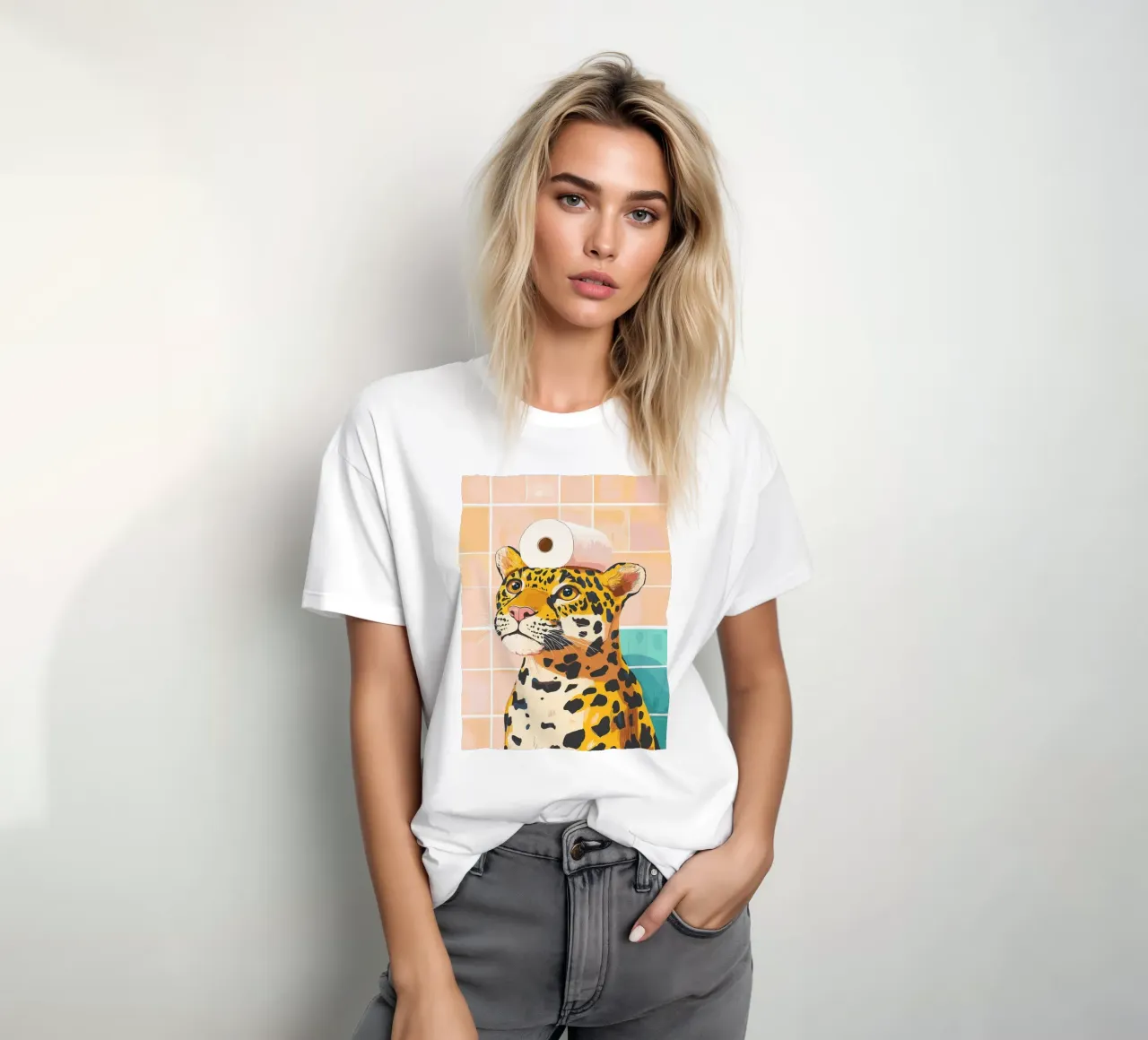 Leopardo con carta igienica in testa t-shirt da JoyWalkerShop