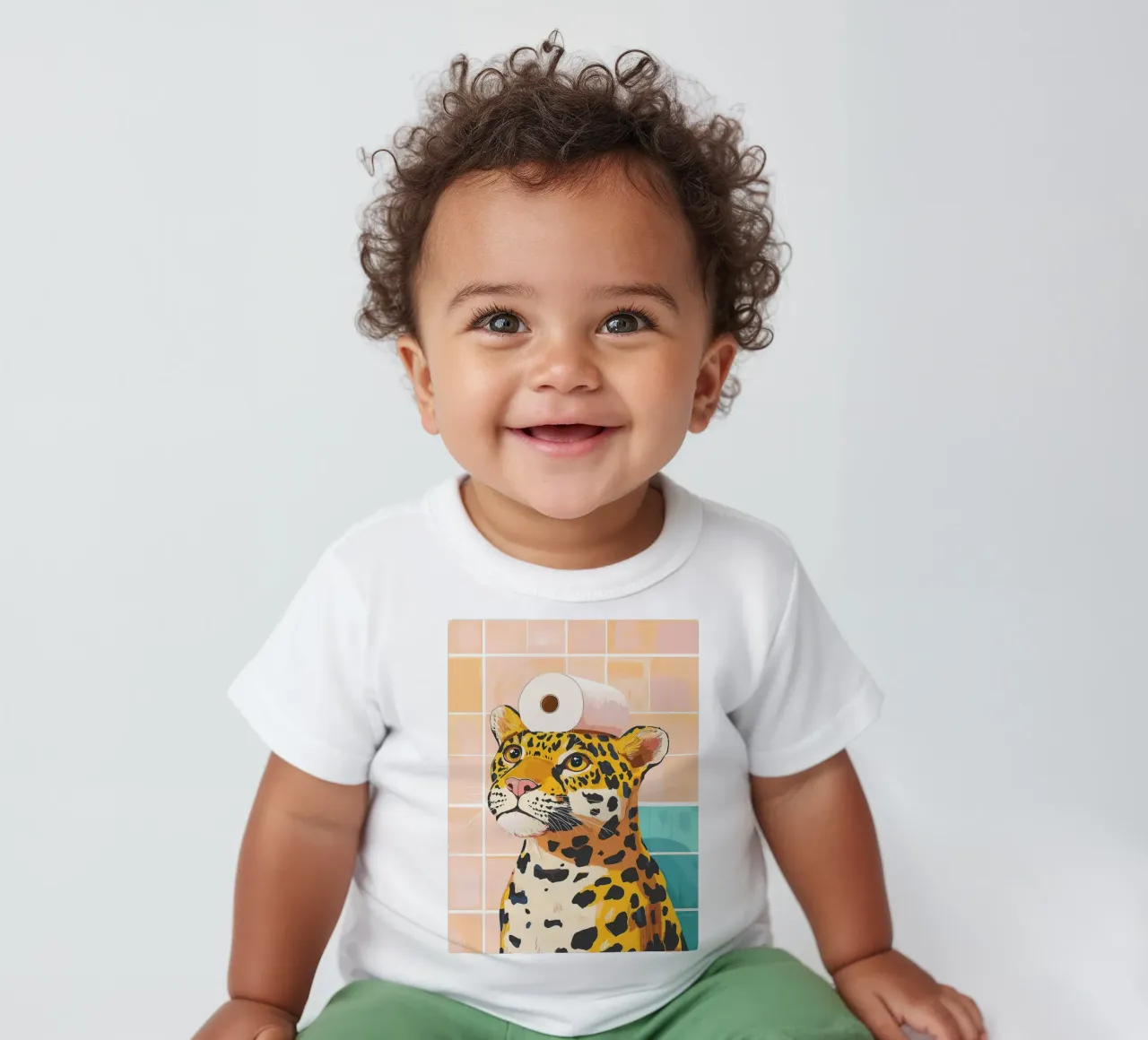 Leopardo con carta igienica in testa maglietta neonato da JoyWalkerShop
