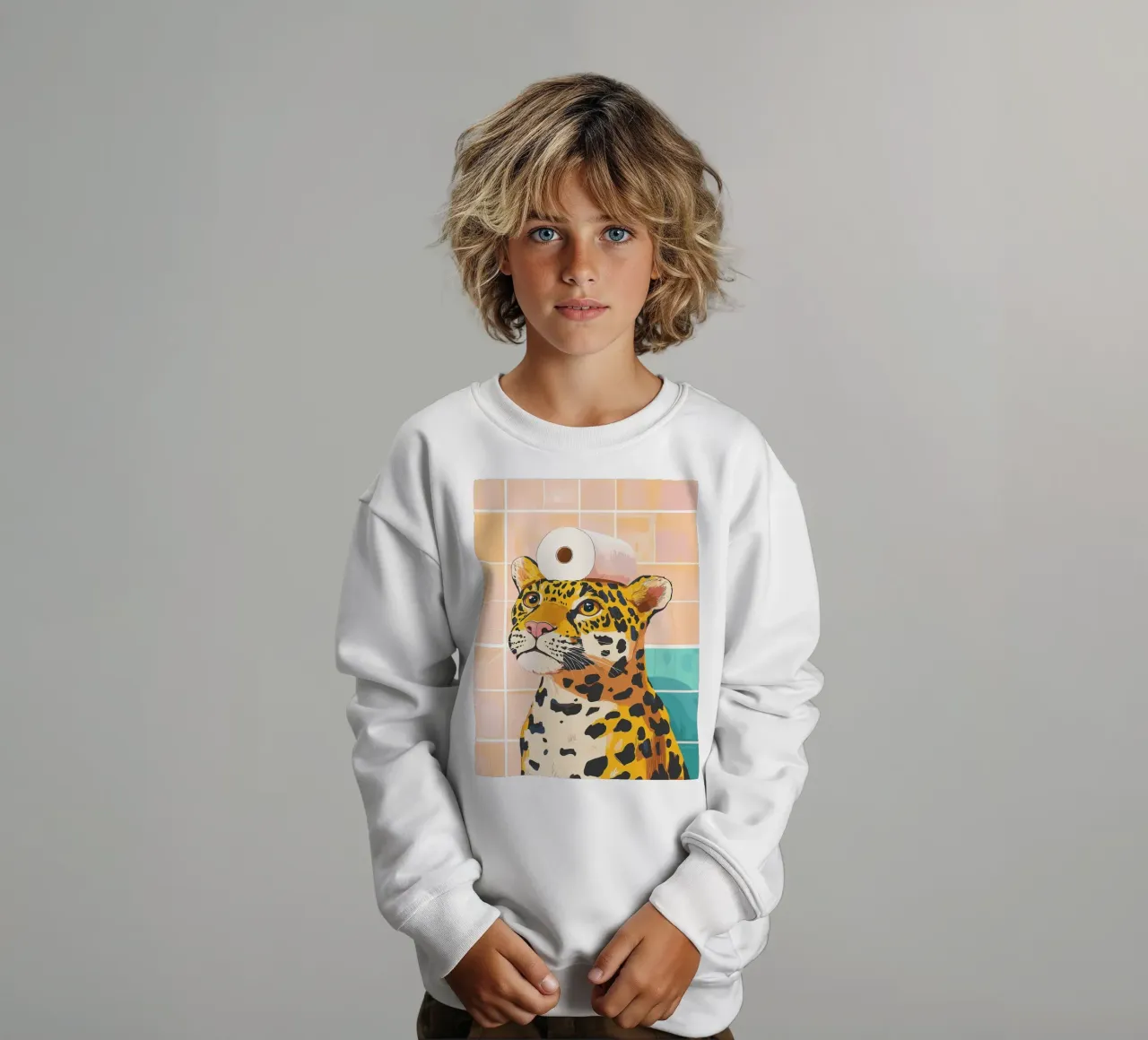 Leopardo con carta igienica in testa felpa bambino da JoyWalkerShop