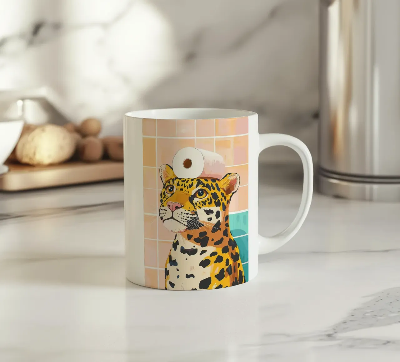 Leopardo con carta igienica in testa tazza in ceramica da JoyWalkerShop