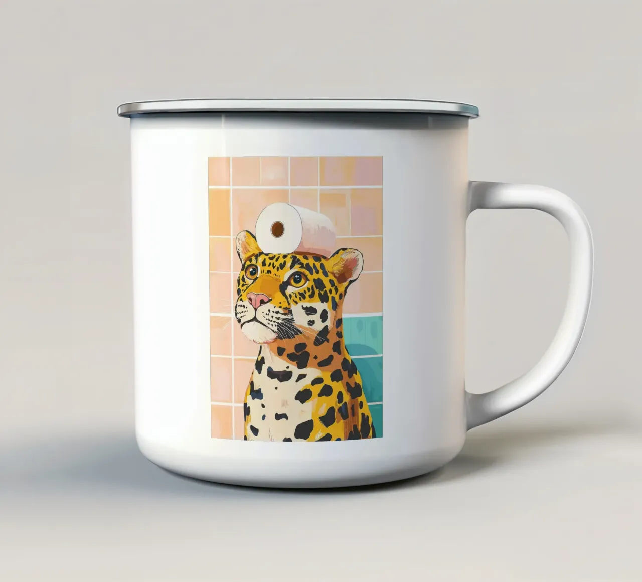 Leopardo con carta igienica in testa tazza in smalto da JoyWalkerShop