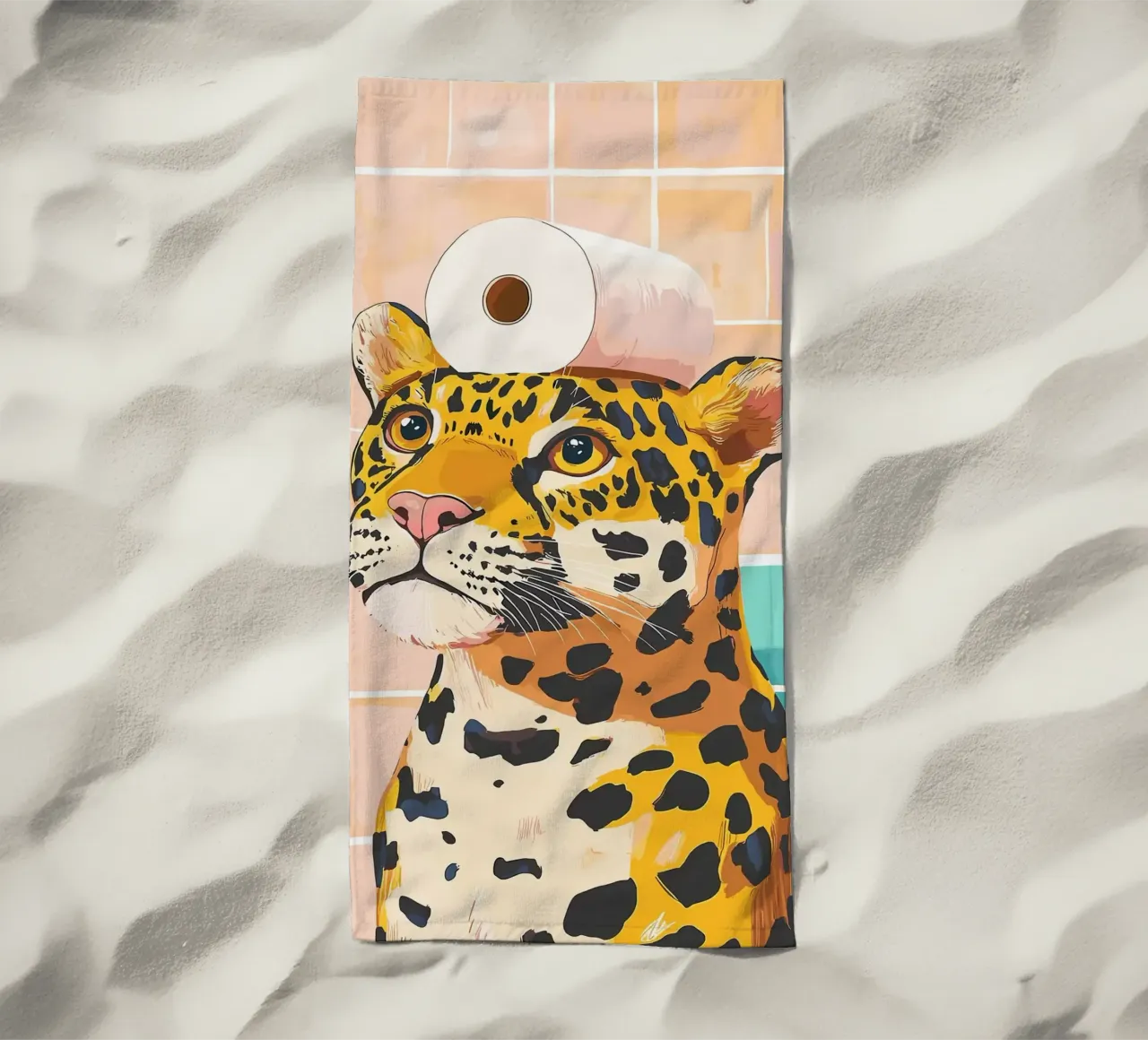 Leopardo con carta igienica in testa telo mare da JoyWalkerShop