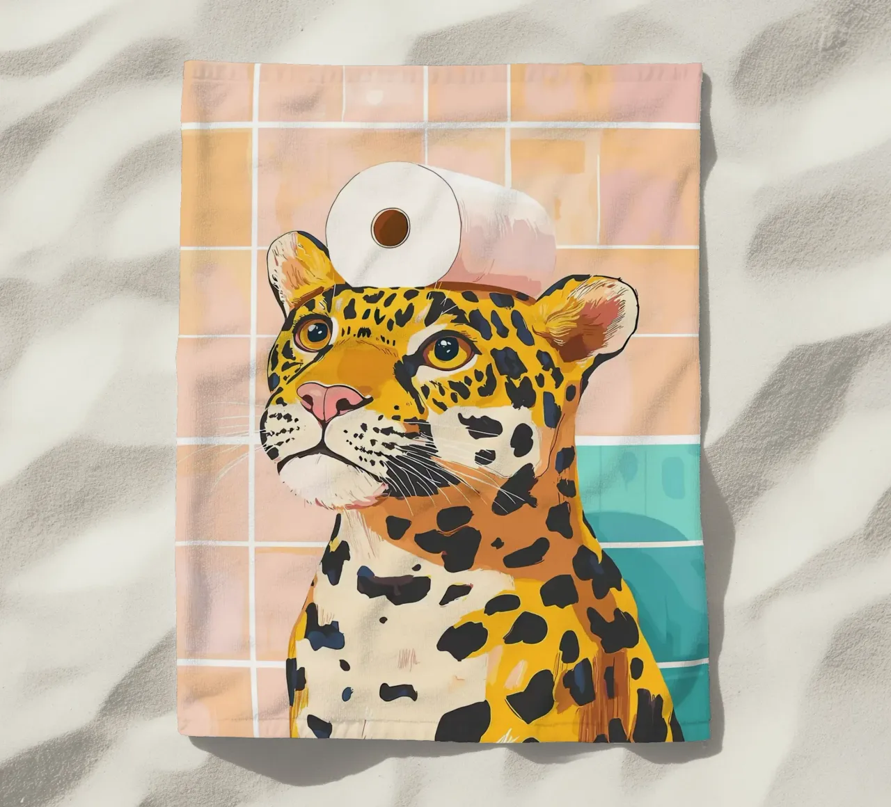 Leopardo con carta igienica in testa telo mare da JoyWalkerShop