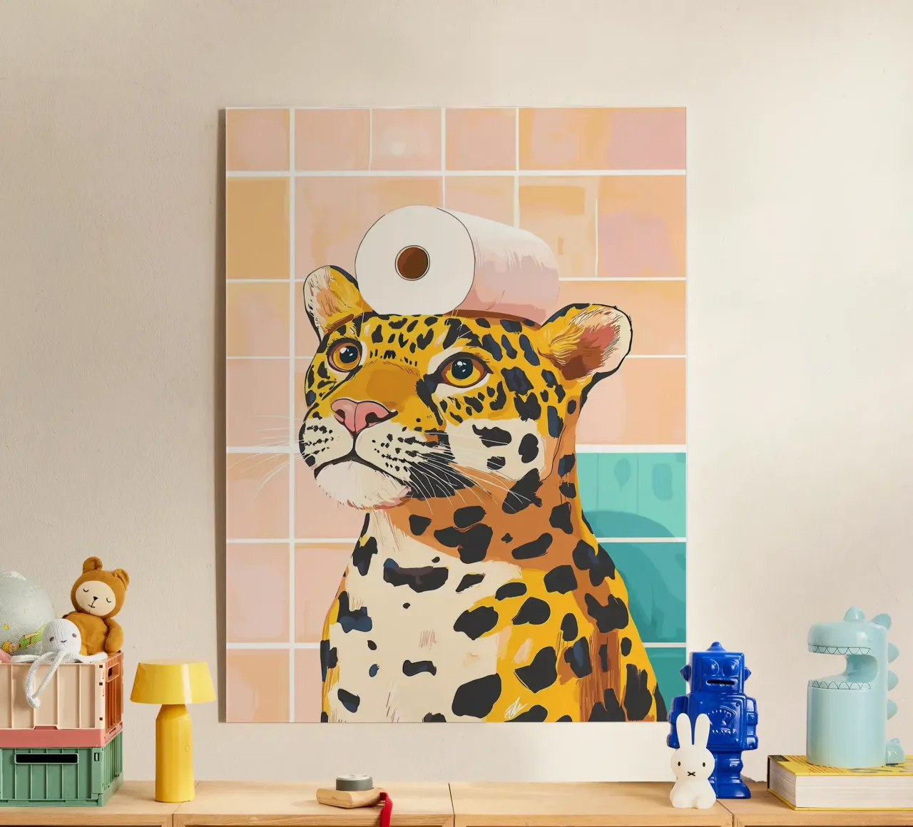 Leopardo con carta igienica in testa plexiglass da JoyWalkerShop