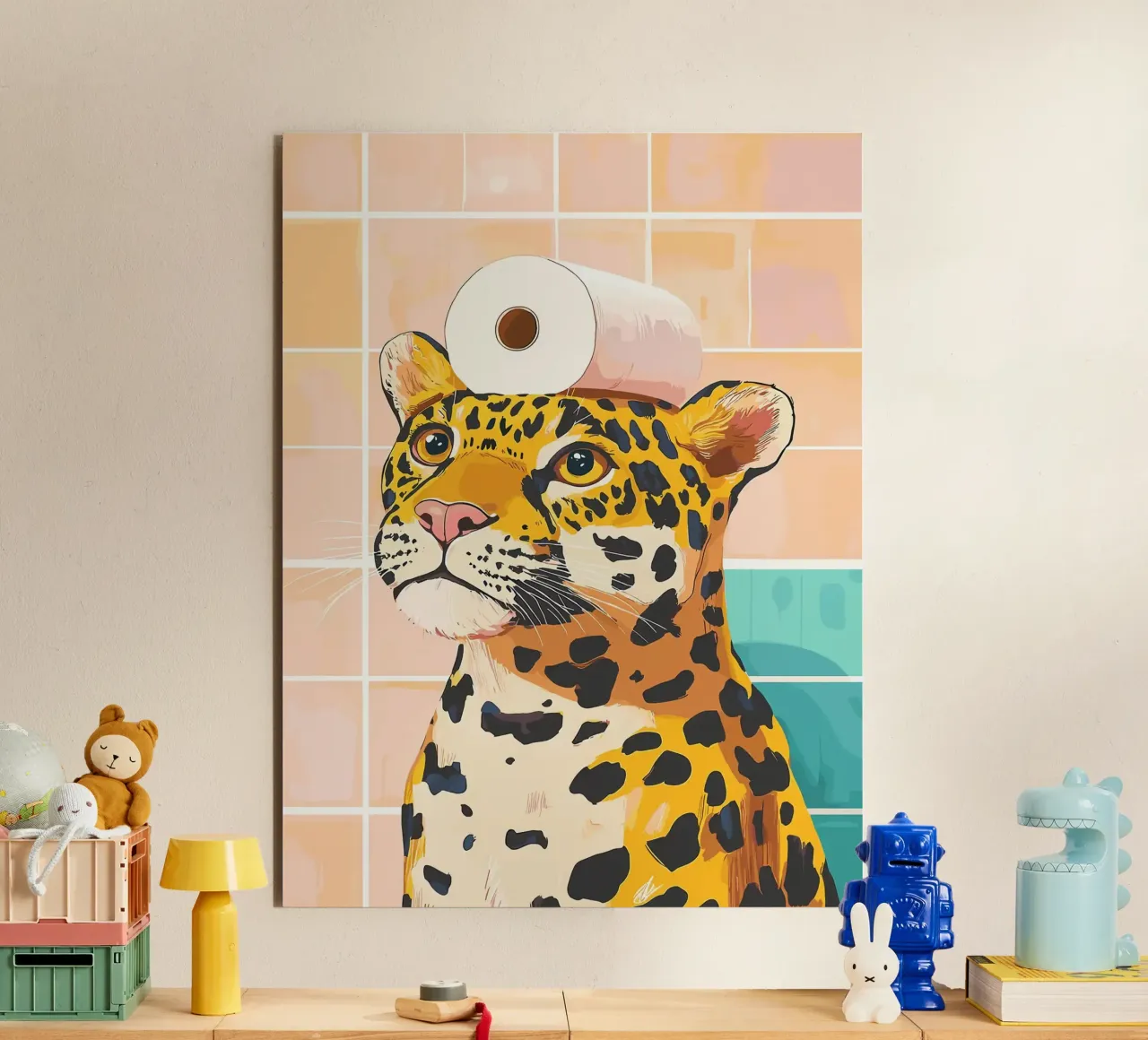 Leopardo con carta igienica in testa alluminio dibond da JoyWalkerShop