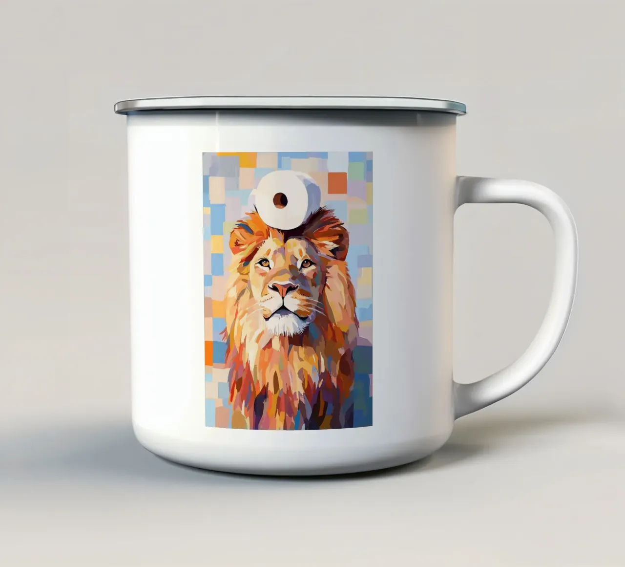 Leone con cappello a rotolo di carta igienica tazza in smalto da JoyWalkerShop