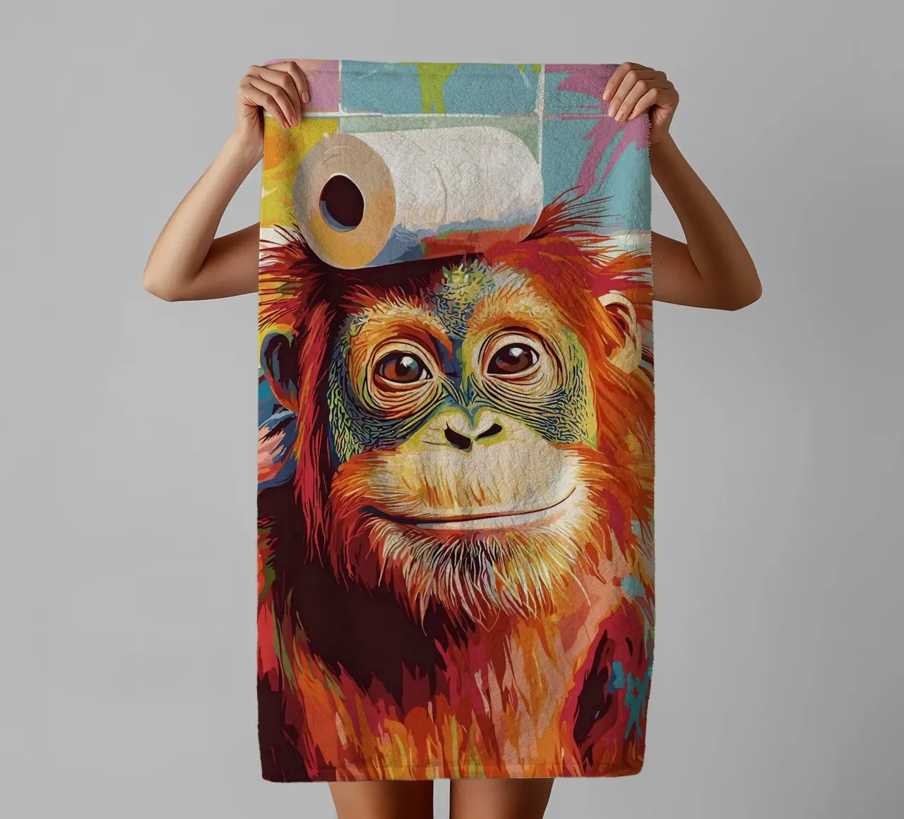 Orangutan con carta igienica sulla testa asciugamano da bagno da JoyWalkerShop