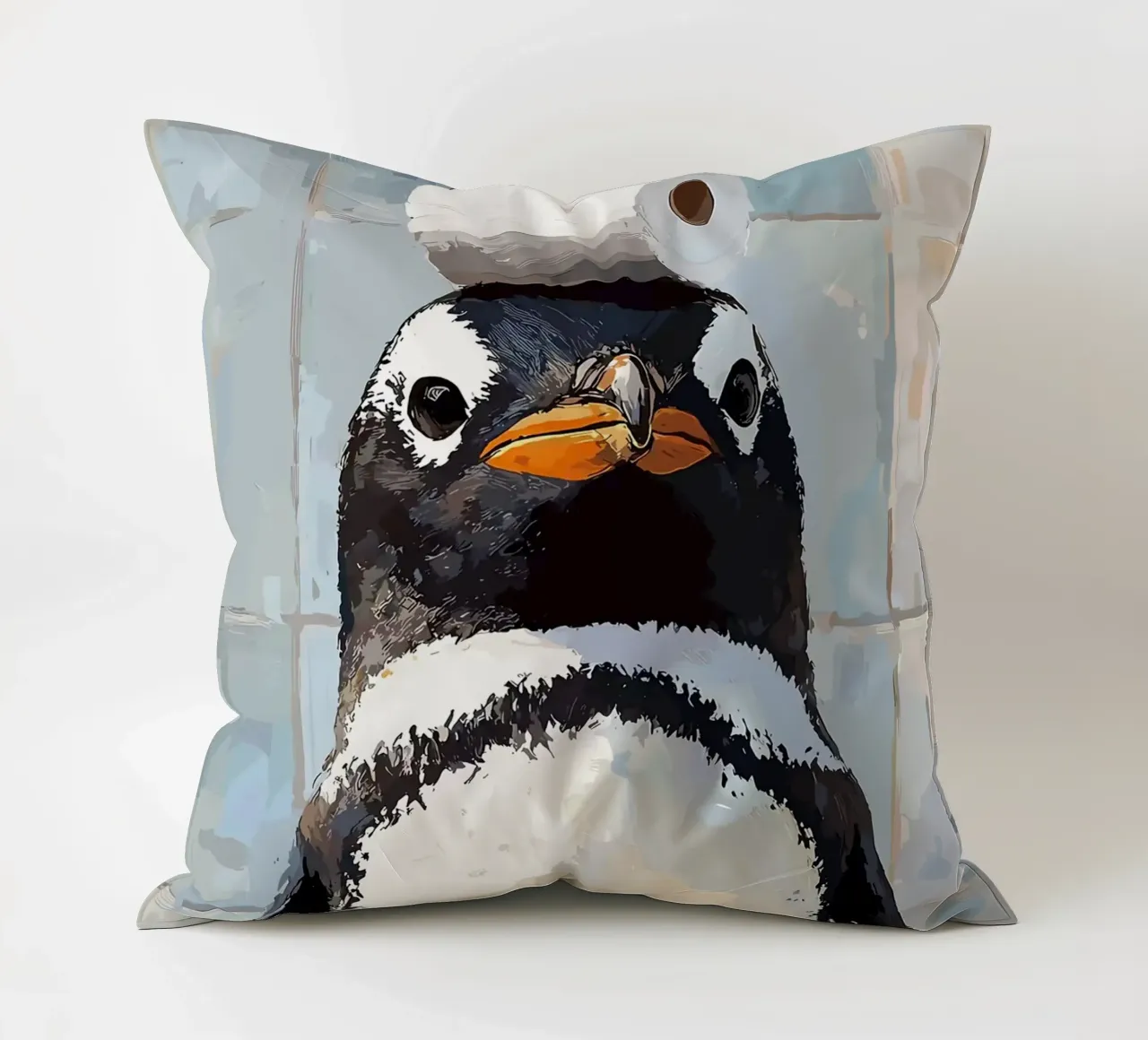 Pinguino con carta igienica sulla testa cuscino da JoyWalkerShop