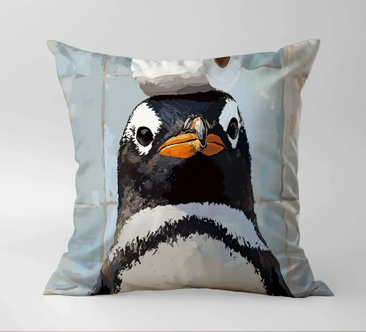 Pinguino con carta igienica sulla testa cuscino da JoyWalkerShop