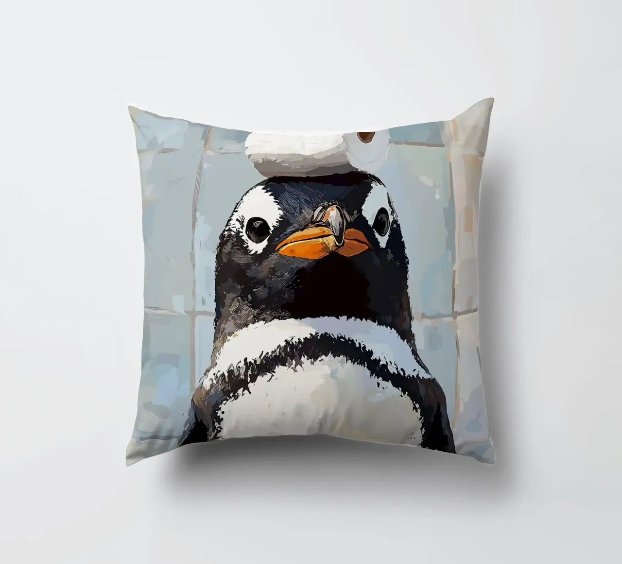 Pinguino con carta igienica sulla testa cuscino da JoyWalkerShop
