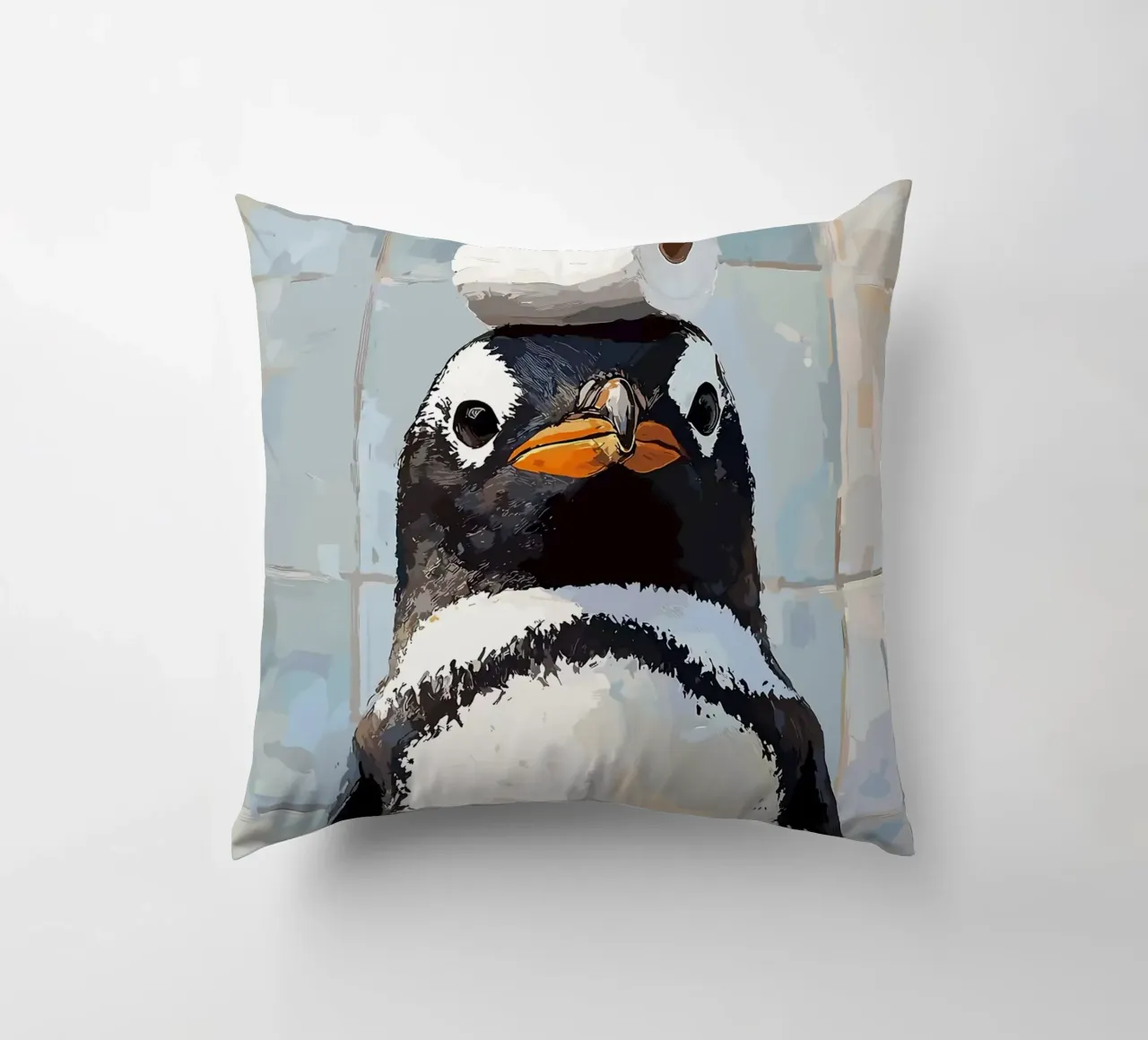 Pinguino con carta igienica sulla testa cuscino da JoyWalkerShop