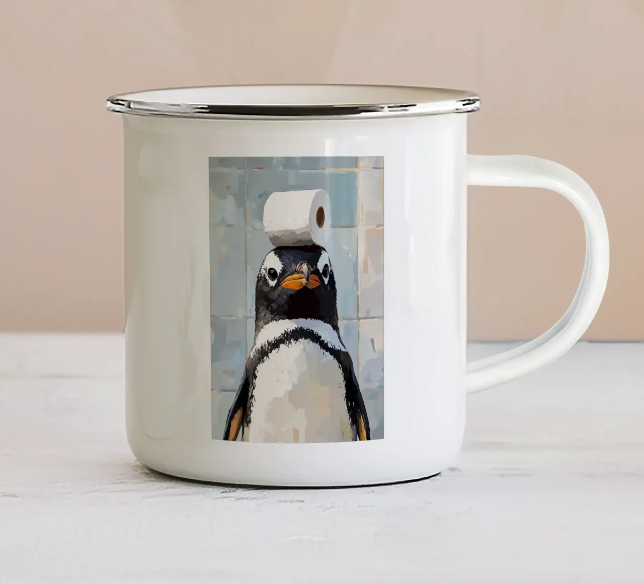 Pinguino con carta igienica sulla testa tazza in smalto da JoyWalkerShop