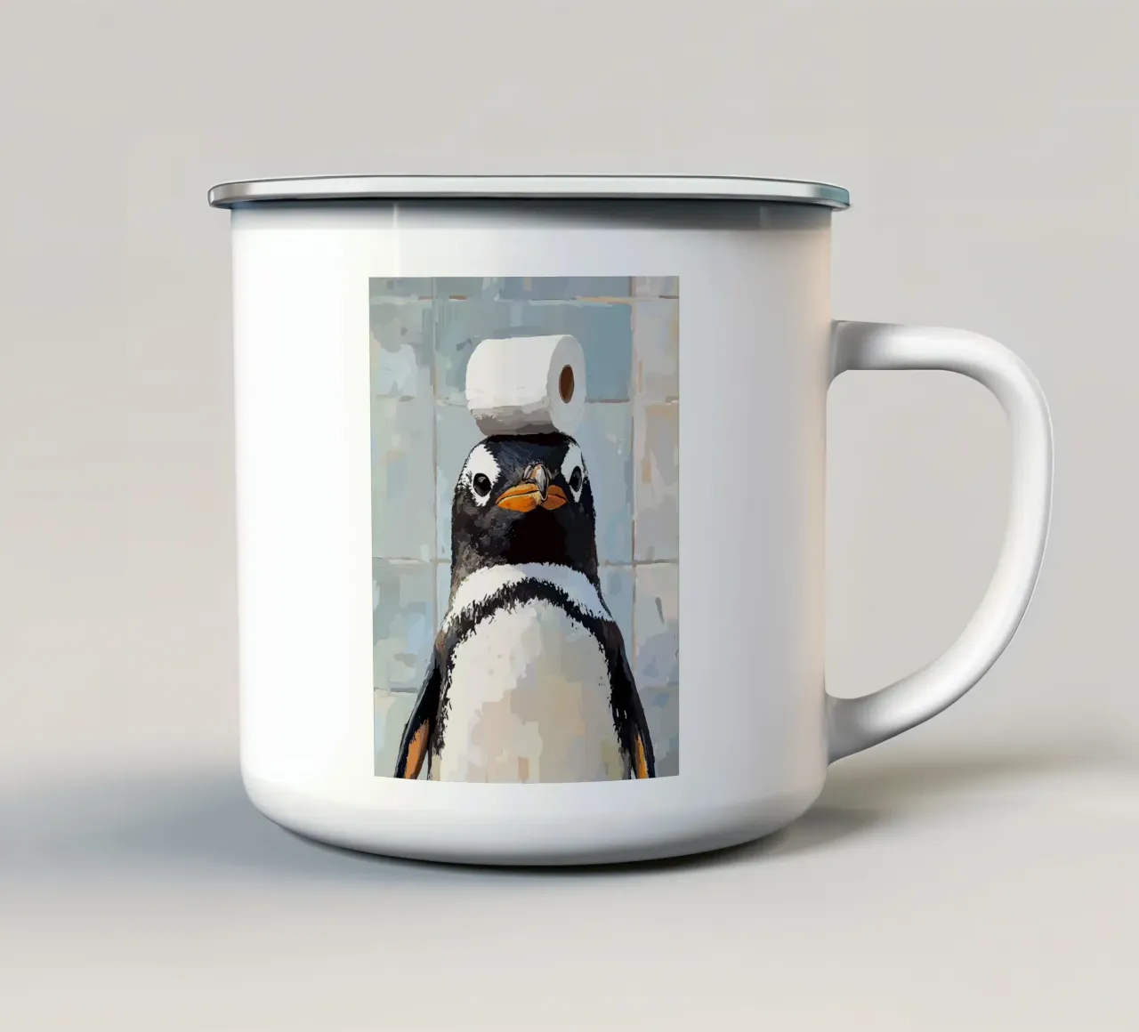 Pinguino con carta igienica sulla testa tazza in smalto da JoyWalkerShop