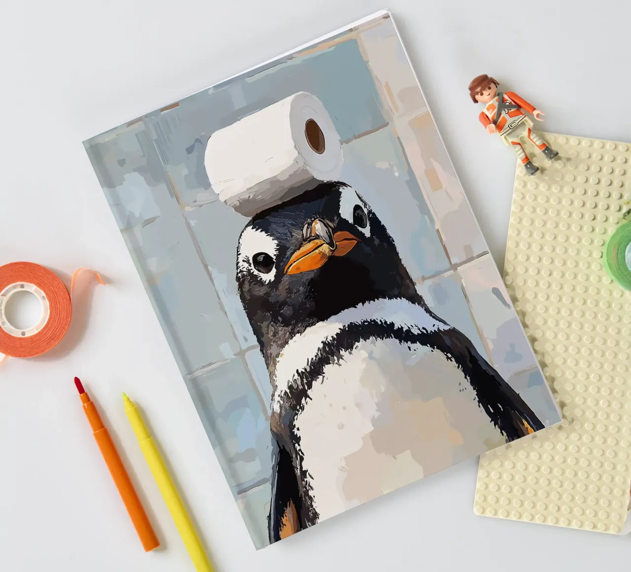 Penguin with Toilet Paper on Head notebook by JoyWalkerShop