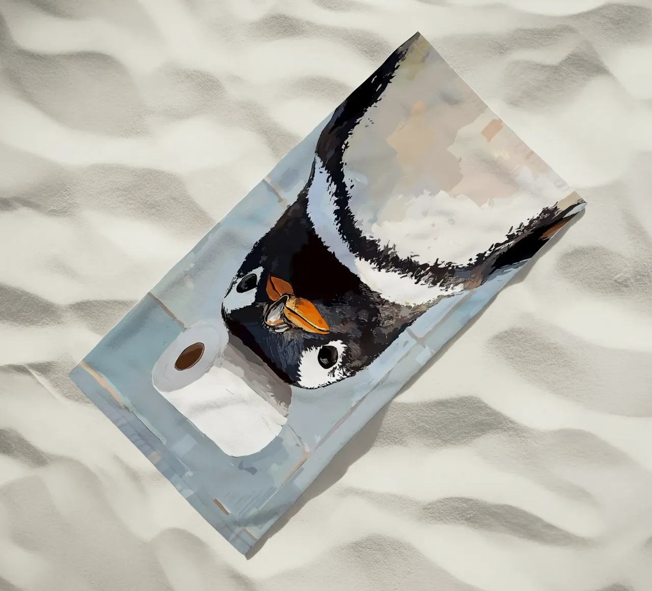 Pinguino con carta igienica sulla testa telo mare da JoyWalkerShop