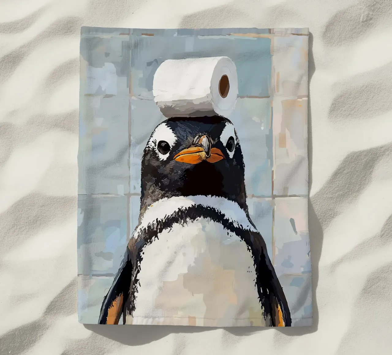 Pinguino con carta igienica sulla testa telo mare da JoyWalkerShop