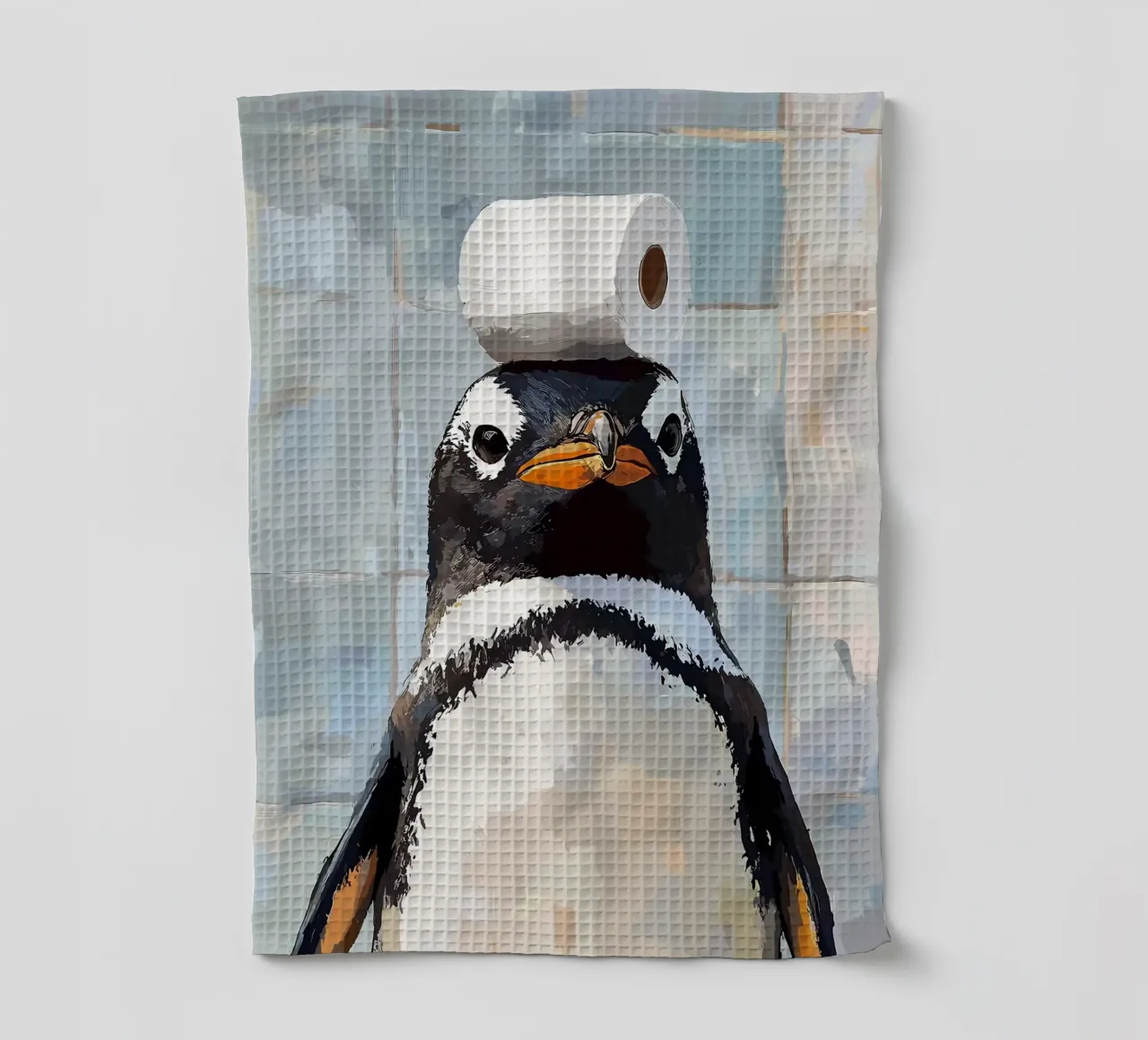 Pinguino con carta igienica sulla testa canovaccio da cucina da JoyWalkerShop