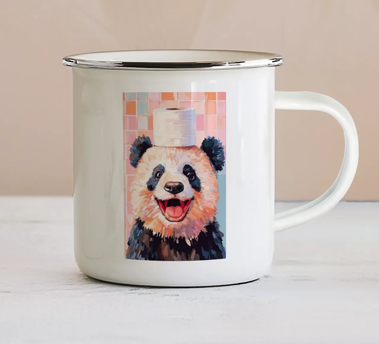 Panda met wc-hoed emaille mok van JoyWalkerShop