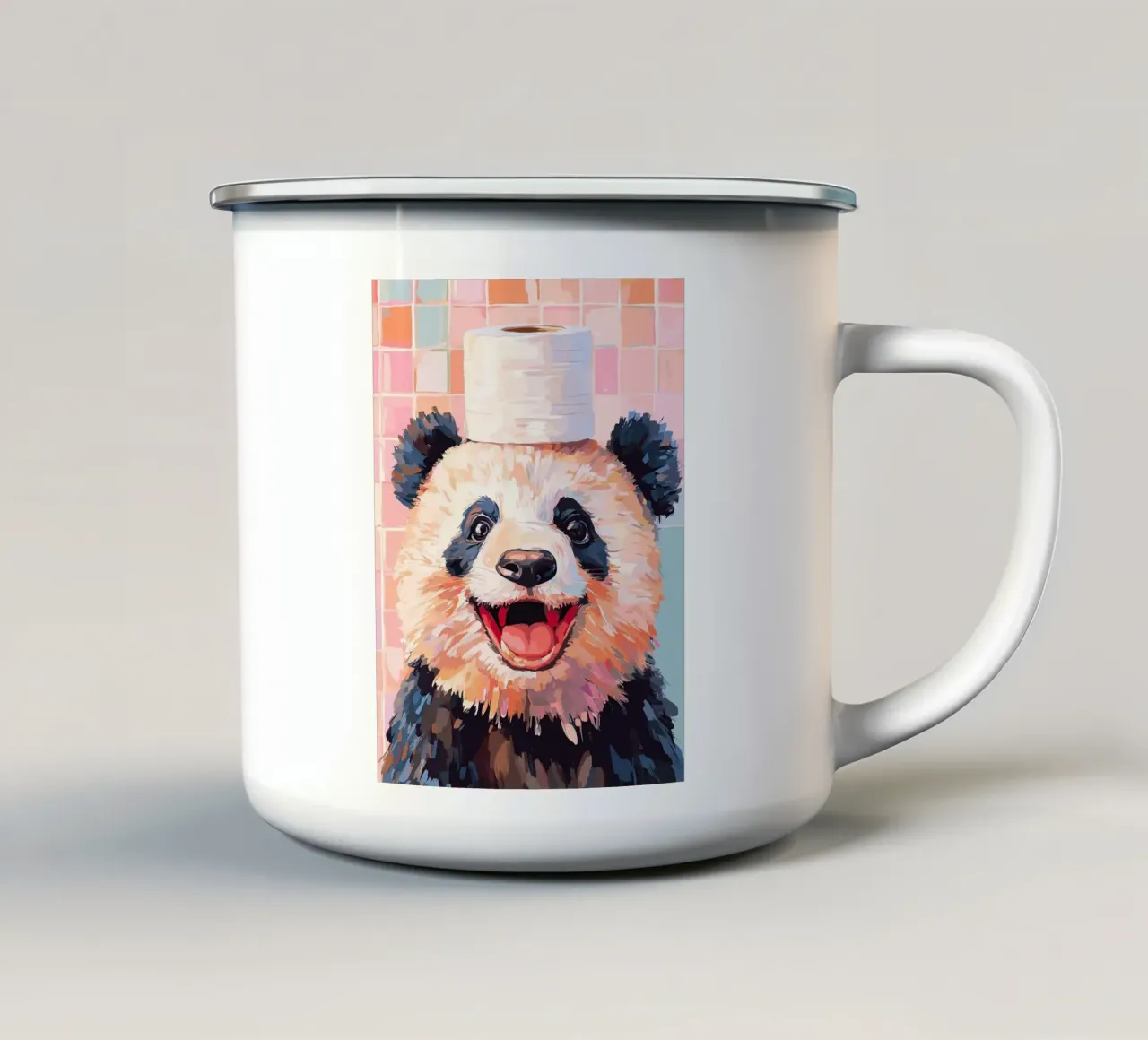 Panda met wc-hoed emaille mok van JoyWalkerShop