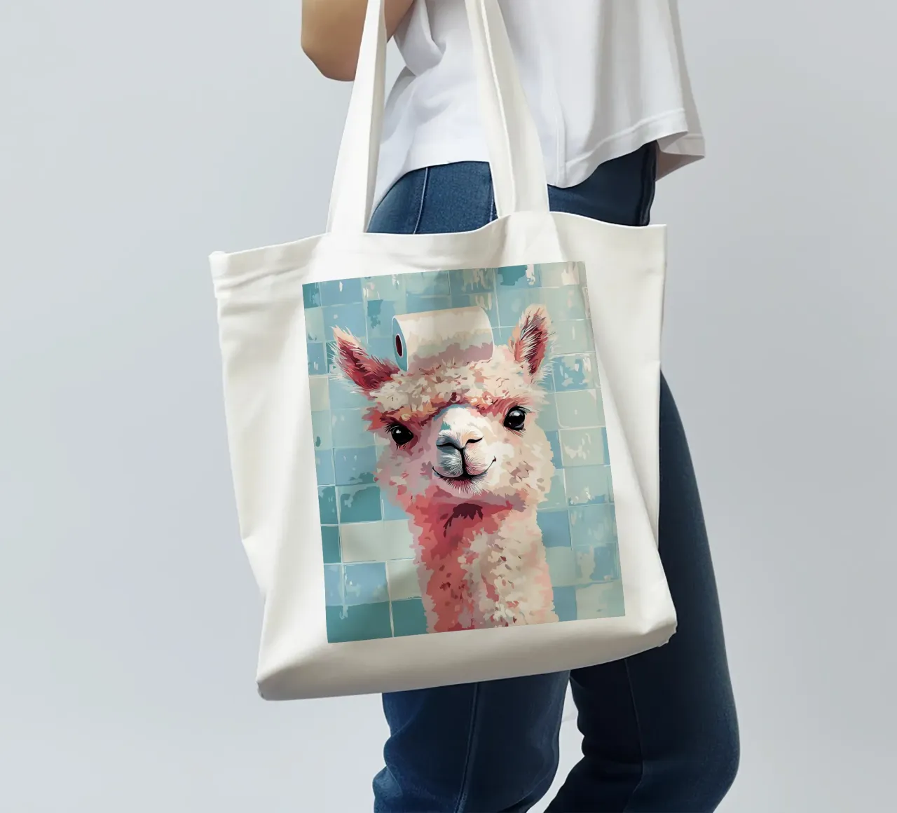 Lama con carta igienica in testa borsa in juta da JoyWalkerShop