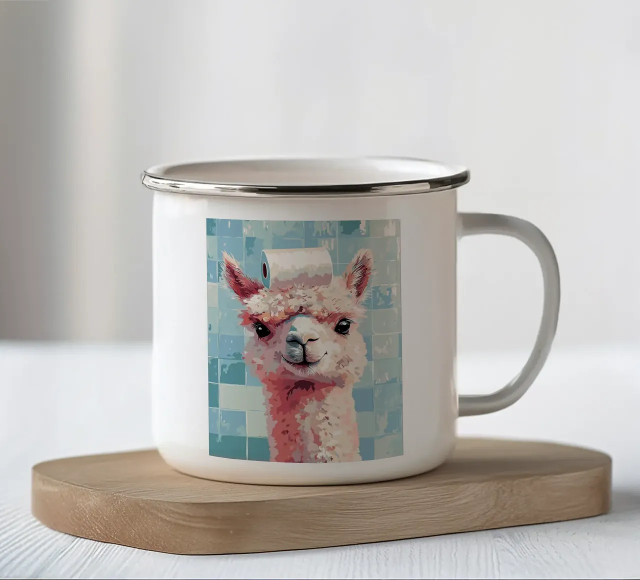 Lama con carta igienica in testa tazza in smalto da JoyWalkerShop