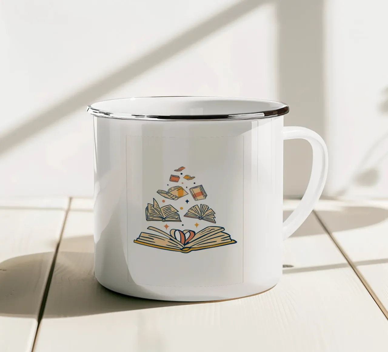 Libri magici volanti tazza in smalto da Noah Bouchard
