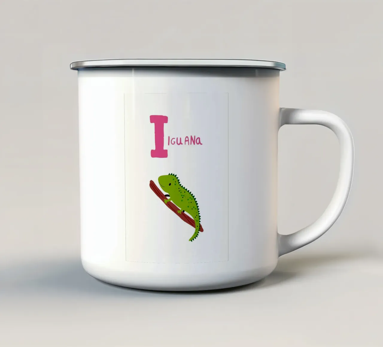 Illustrazione di iguana con lettera I tazza in smalto da Noah Bouchard