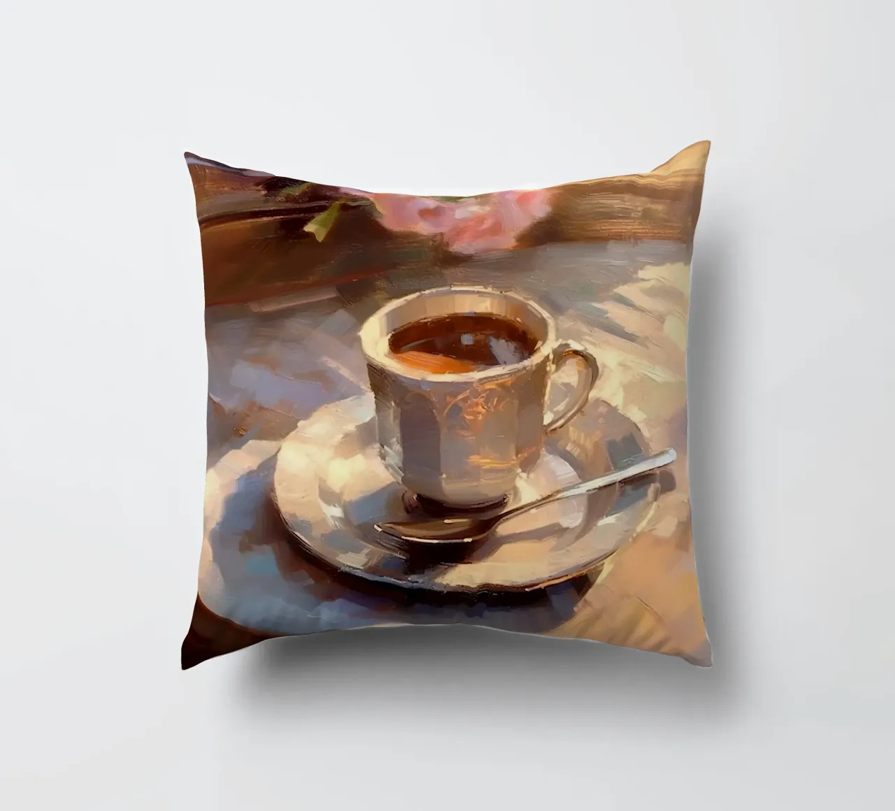 Caffè cucchiaio d'argento rose rosa natura morta colori pastello cuscino da Euphoria Theresa