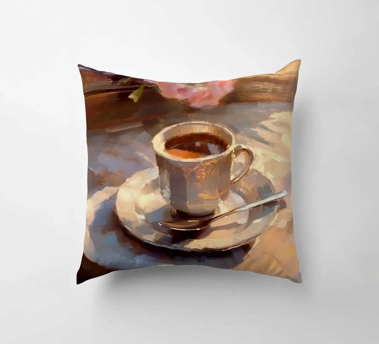 Caffè cucchiaio d'argento rose rosa natura morta colori pastello cuscino da Euphoria Theresa