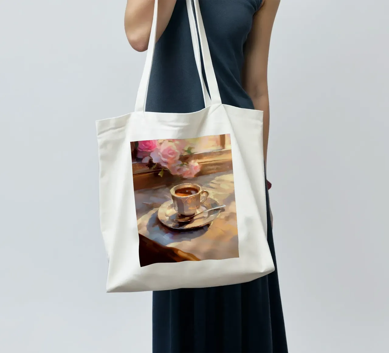 Caffè cucchiaio d'argento rose rosa natura morta colori pastello borsa in juta da Euphoria Theresa