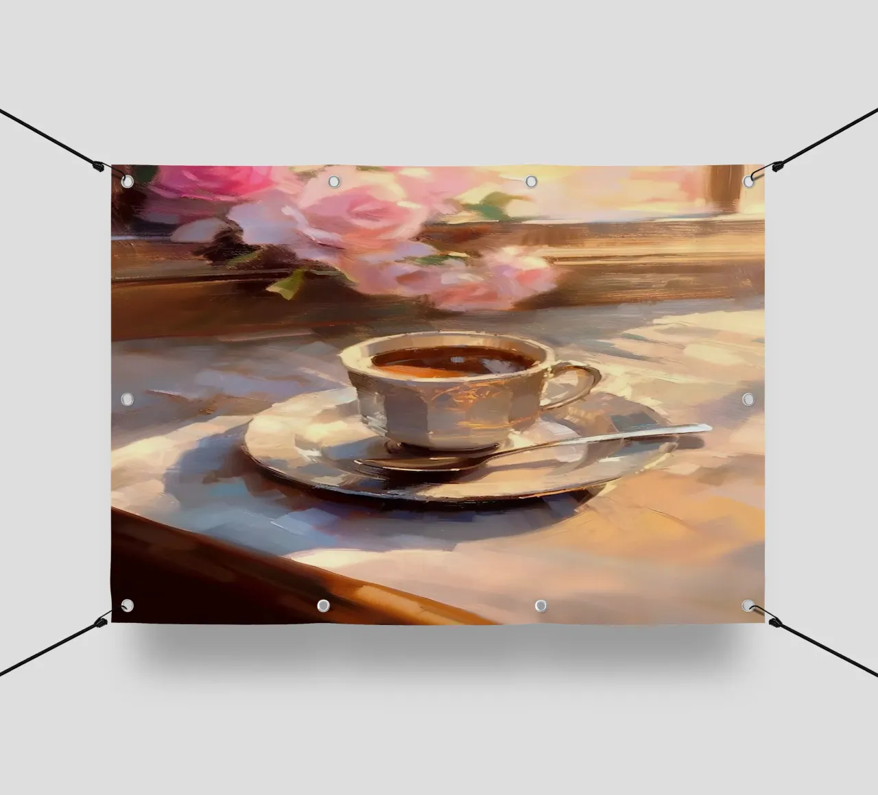 Caffè cucchiaio d'argento rose rosa natura morta colori pastello telo in pvc da Euphoria Theresa