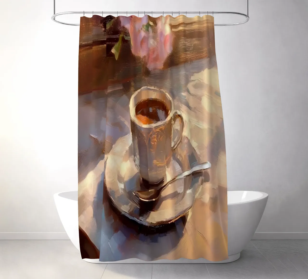 Caffè cucchiaio d'argento rose rosa natura morta colori pastello tenda da doccia da Euphoria Theresa