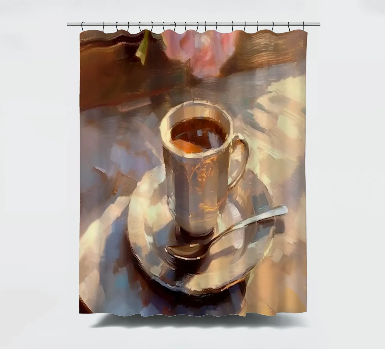 Caffè cucchiaio d'argento rose rosa natura morta colori pastello tenda da doccia da Euphoria Theresa