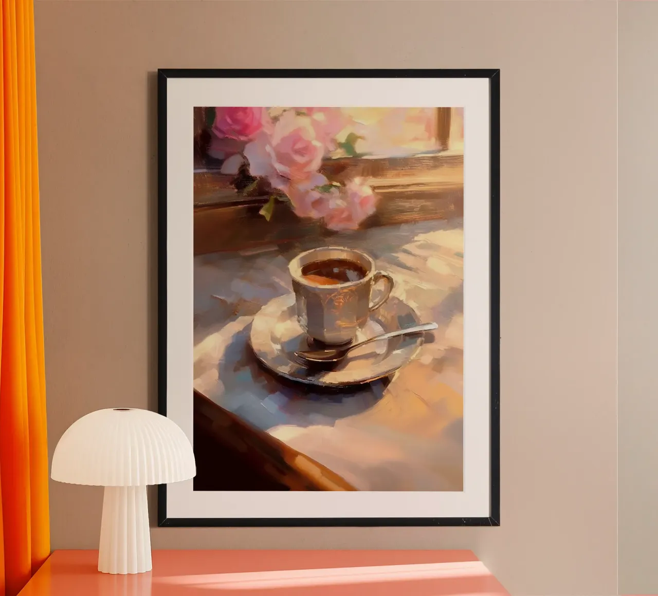 Caffè cucchiaio d'argento rose rosa natura morta colori pastello poster con telaio in legno da Euphoria Theresa